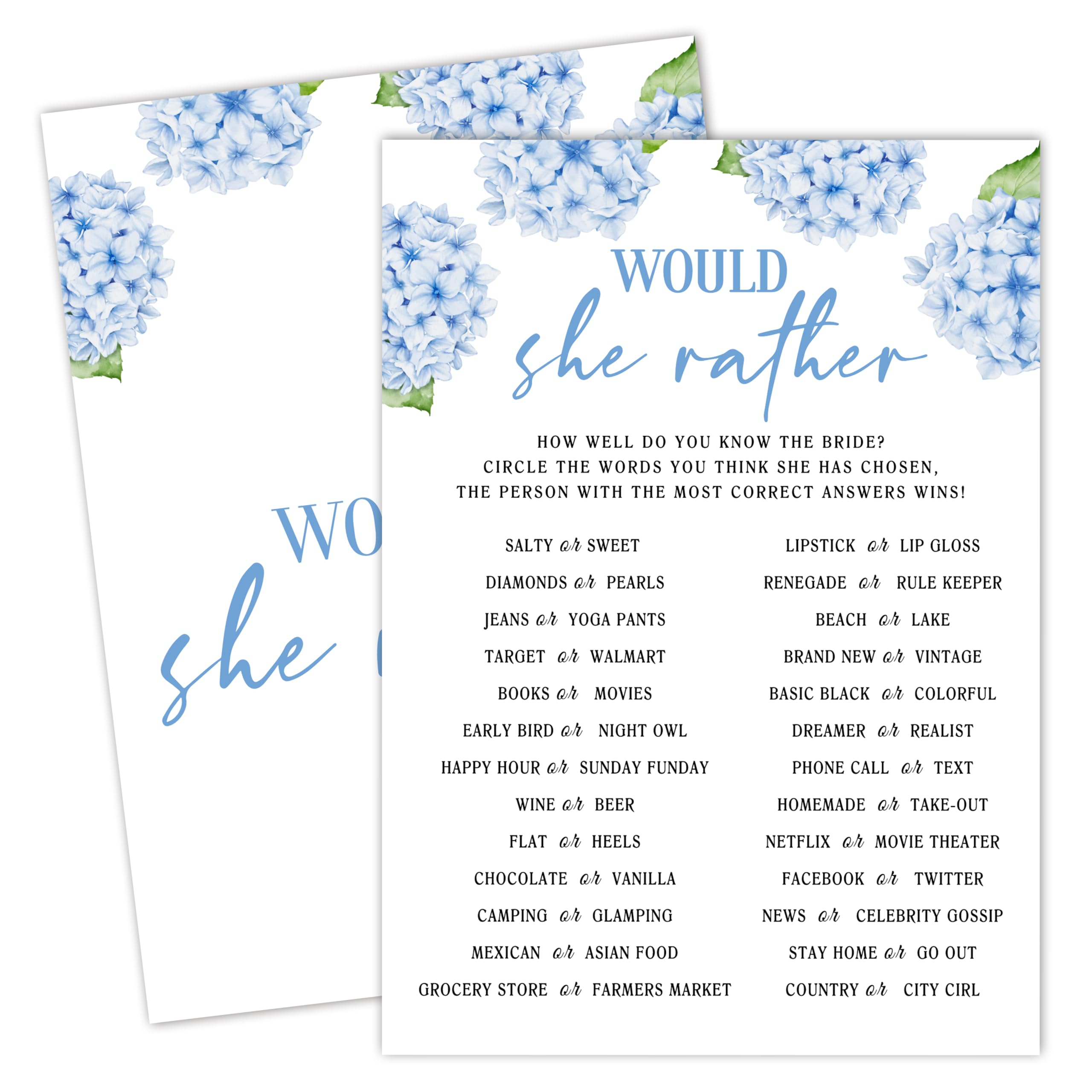 Photo 1 of Bridal Shower Games, Blue Hydrangea Wedding Shower Game Cards, Bachelorette Party Games For Bride Groom Newlyweds Couples, Engagement Wedding Party Decorations Supplies Favors, 25 Game Cards?e03