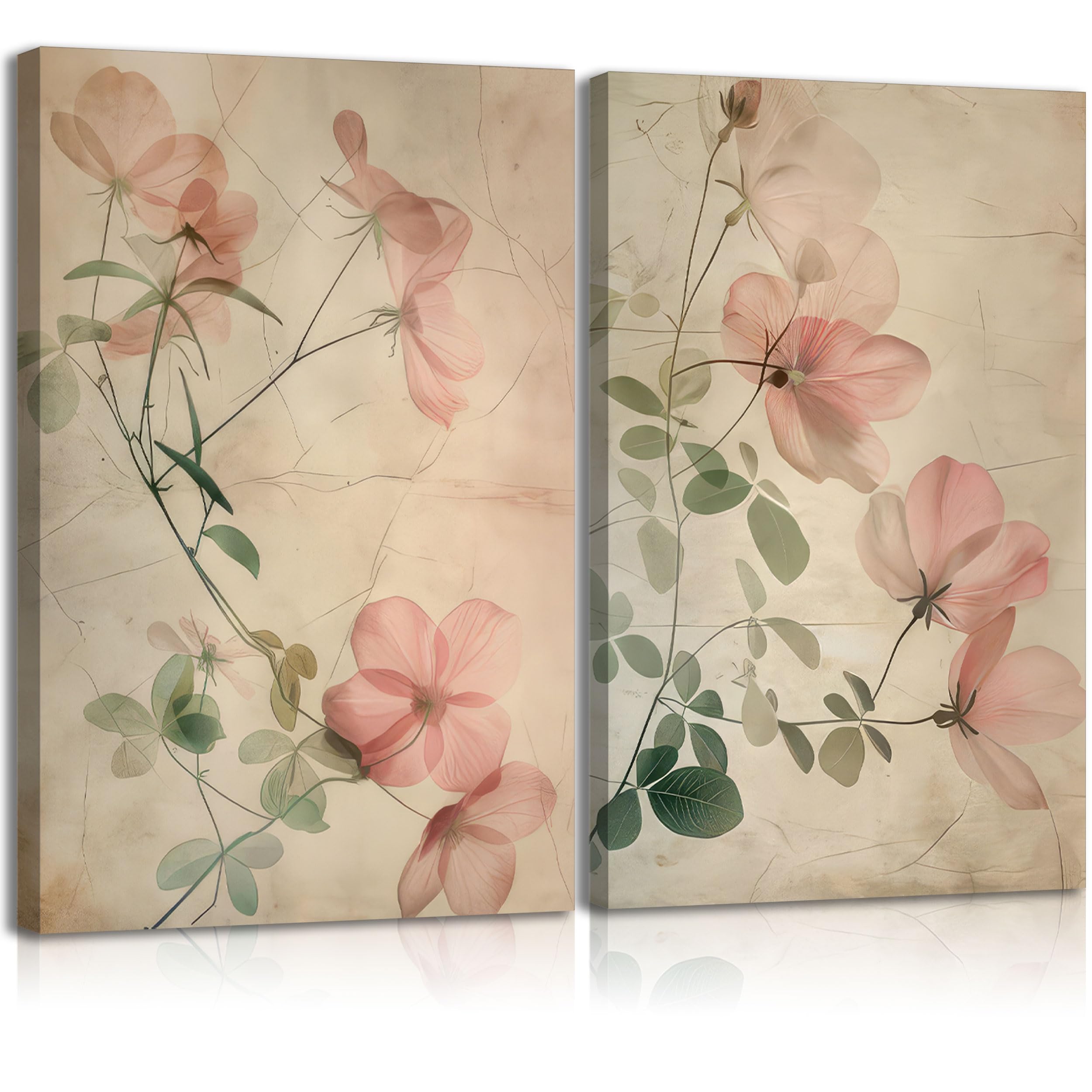 Photo 1 of 2Pcs Vintage Floral Canvas Wall Art Country Farmhouse Floral Picture Modern Pink Flowers Poster Print Abstract Botanical Wall Decor With Crackle Background for Living Room Bedroom 12x16in Framed