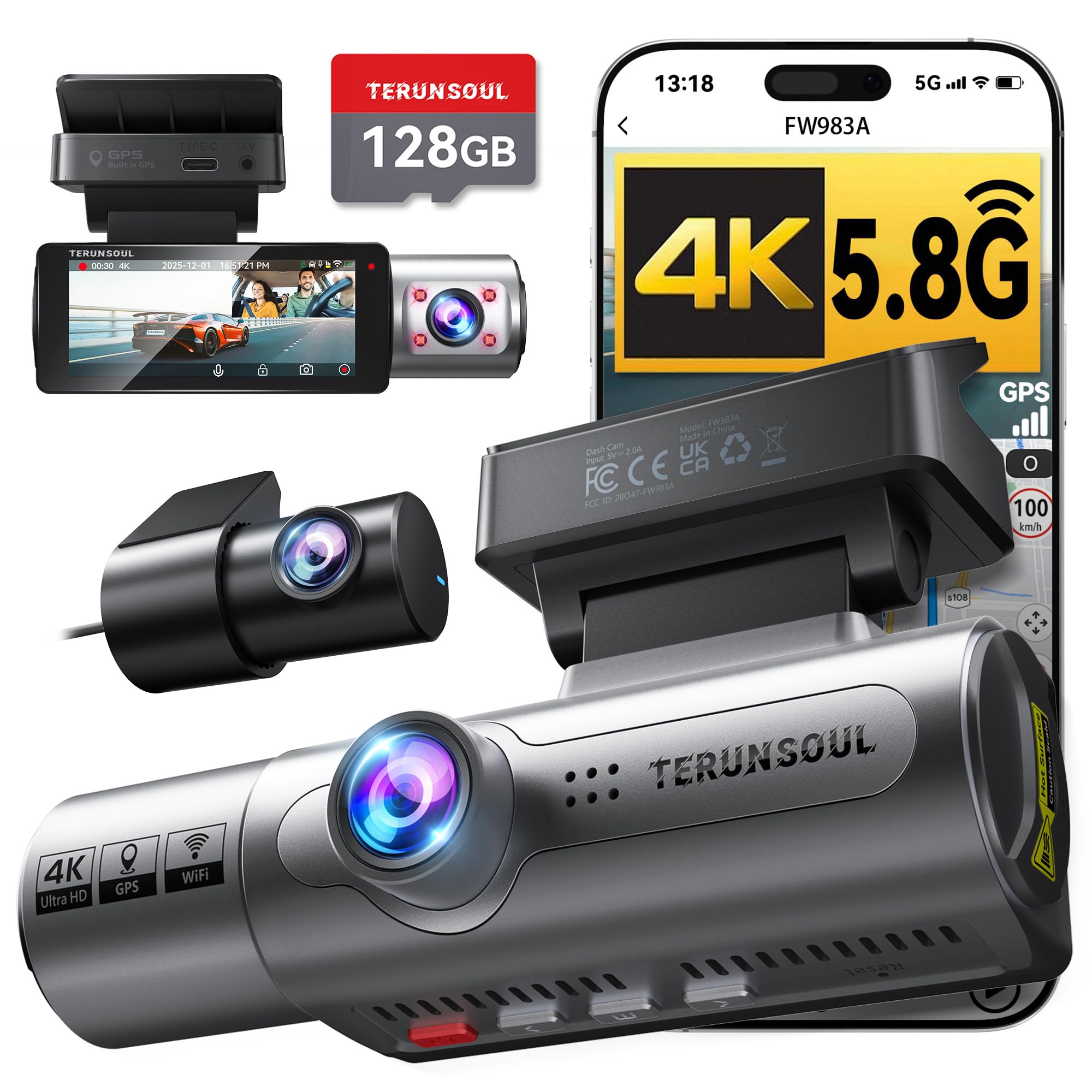 TERUNSOUl 4K Dash Cam Front and Rear, Full HD 3 Channel Dashcam, Free 128GB Memory Card, Built-in 5.8GHz WiFi Built-in GPS, Collision Sensor, Night Vision, HDR, 3.16" IPS, 24H Parking Mode (Gray) Image