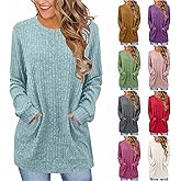 Long Sleeve Tunic Tops for Women Loose Fit Dressy Casual Crew Neck T Shirts Trendy Winter Cute Knit Long Tunic Blouse