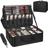 MONSTINA 17" Extra Large Makeup Case, Dual Layer Travel Makeup Train Case | Cosmetics Storage Box with Makeup Brush Slots, Waterproof Nylon, Makeup Artist Case with Adjustable Dividers &amp; Shoulder Strap