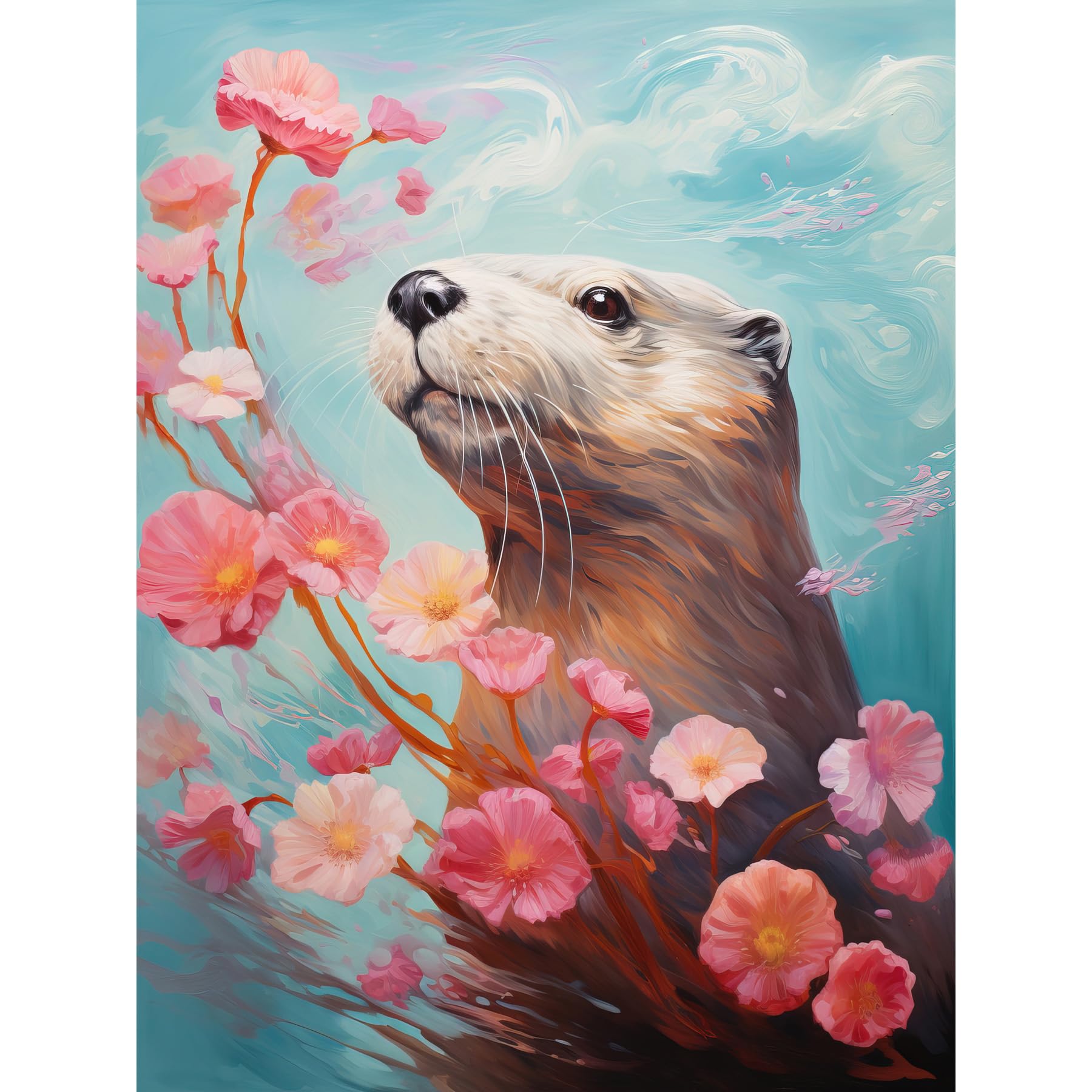 Artery8 Otter with a Pink Cherry Blossom Branch Elegant Oil Painting Floating on Lake Water with Flowers Extra Large XL Wall Art Poster Print