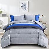 WONGS BEDDING Blue Stripe Comforter Set Full Reversible Grey Blue Patchwork Bedding Comforter Set for Full Bed, 3 Pieces (1 Comforter+2 Pillowcase), Soft Microfiber Filling Duvet Set 78"×90"