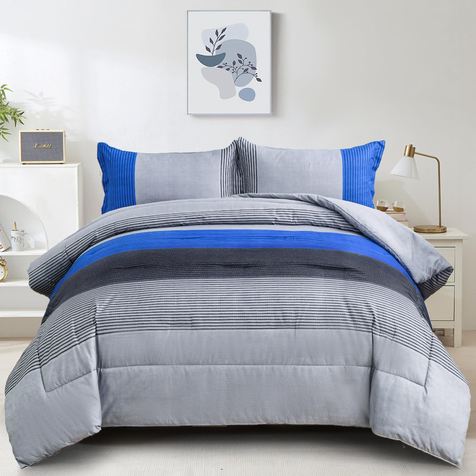 Photo 1 of WONGS BEDDING Blue Stripe Comforter Set Full Reversible Grey Blue Patchwork Bedding Comforter Set for Full Bed, 3 Pieces (1 Comforter+2 Pillowcase), Soft Microfiber Filling Duvet Set 78"×90"