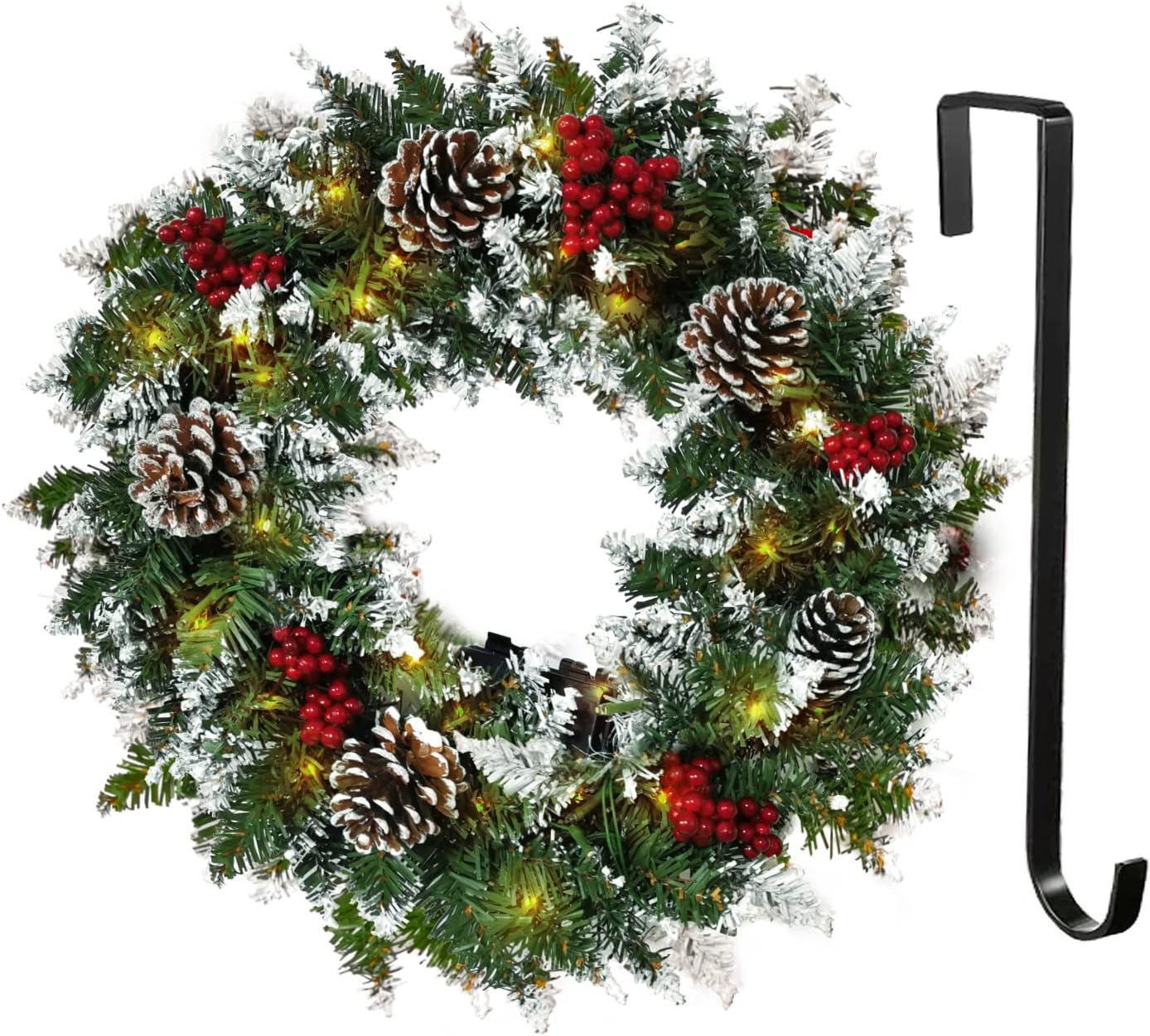Wreaths, Garlands & Swags - Christmas Wreath,Flocked with Mixed Decorations and 50 LED Light,Christmas Wreaths for Front Door Indoor Window Wall Décor, Outdoor Christmas Decorations(Battery Not Included)