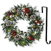 Christmas Wreath,Flocked with Mixed Decorations and 50 LED Light,Christmas Wreaths for Front Door Indoor Window Wall Décor, Outdoor Christmas Decorations(18 inch Battery Not Included)
