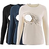 Liu & Qu Women's Nursing Tops Ribbed Long Sleeves Maternity Shirts Double Layer Breastfeeding Shirts Pregnancy Clothes 3 Pack