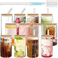 GIVAMEIHF Drinking Glasses with Bamboo Lids and Glass Straw 12pcs,16oz Glass Cups with Lids and Straws,Iced Coffee Glasses,Cu