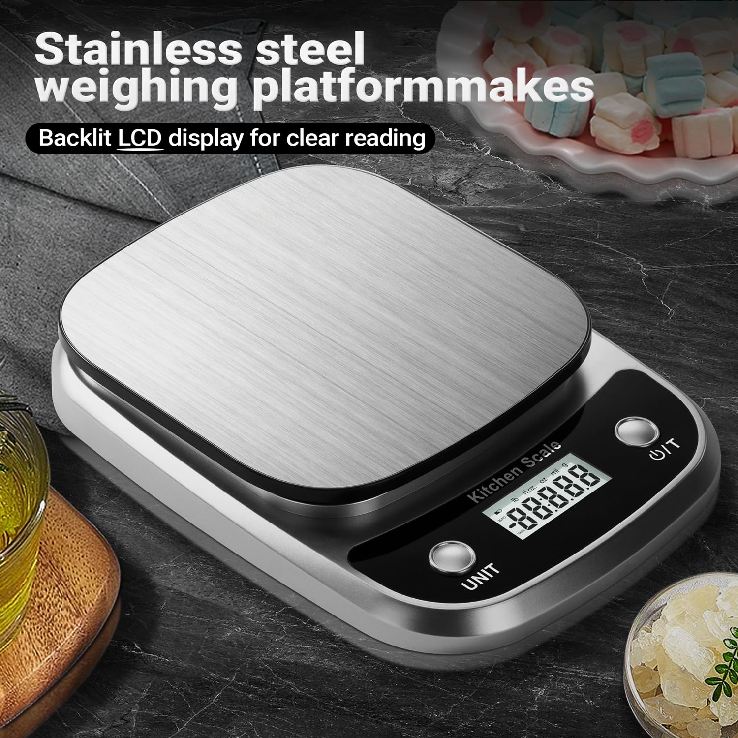 GRAM PRES Lebensmittel Küchenwaage Digital Gewicht Gramm und Oz, Professionelle digitale Küche Lebensmittelwaage 10kg/1g für Gewichtsverlust Diät Backen Kochen, Edelstahl Wiegeplattform, LCD-Display 5