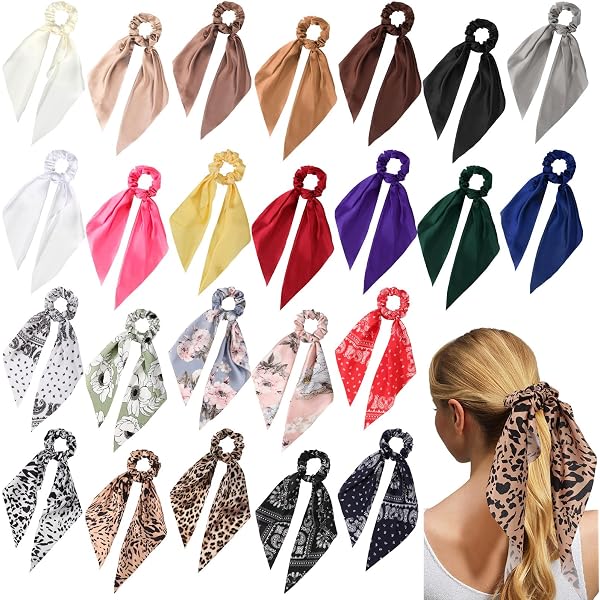 24 Pcs Stylish Hair Scarves & Scrunchies with Bow Ties - Elastic Ponytail NOGIS 4 Pcs Hair Scarf Scrunchies Chiffon Scrunchie Hair  main image 3