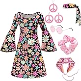 6070s Disco Outfit for Women Print Dress Psychedelic Hippie Costume Set for Halloween Party Cosplay