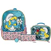 AI ACCESSORY INNOVATIONS Smurfs 5 Piece Backpack Set, Smurfette Flip Sequin Girls School Bag with Front Zip Pocket, 2 Side Mesh Pockets, Pink & Blue