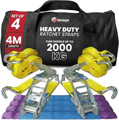 TENSYS Heavy Duty Ratchet Straps Set of 4 2000kg Lashing 4m 50mm