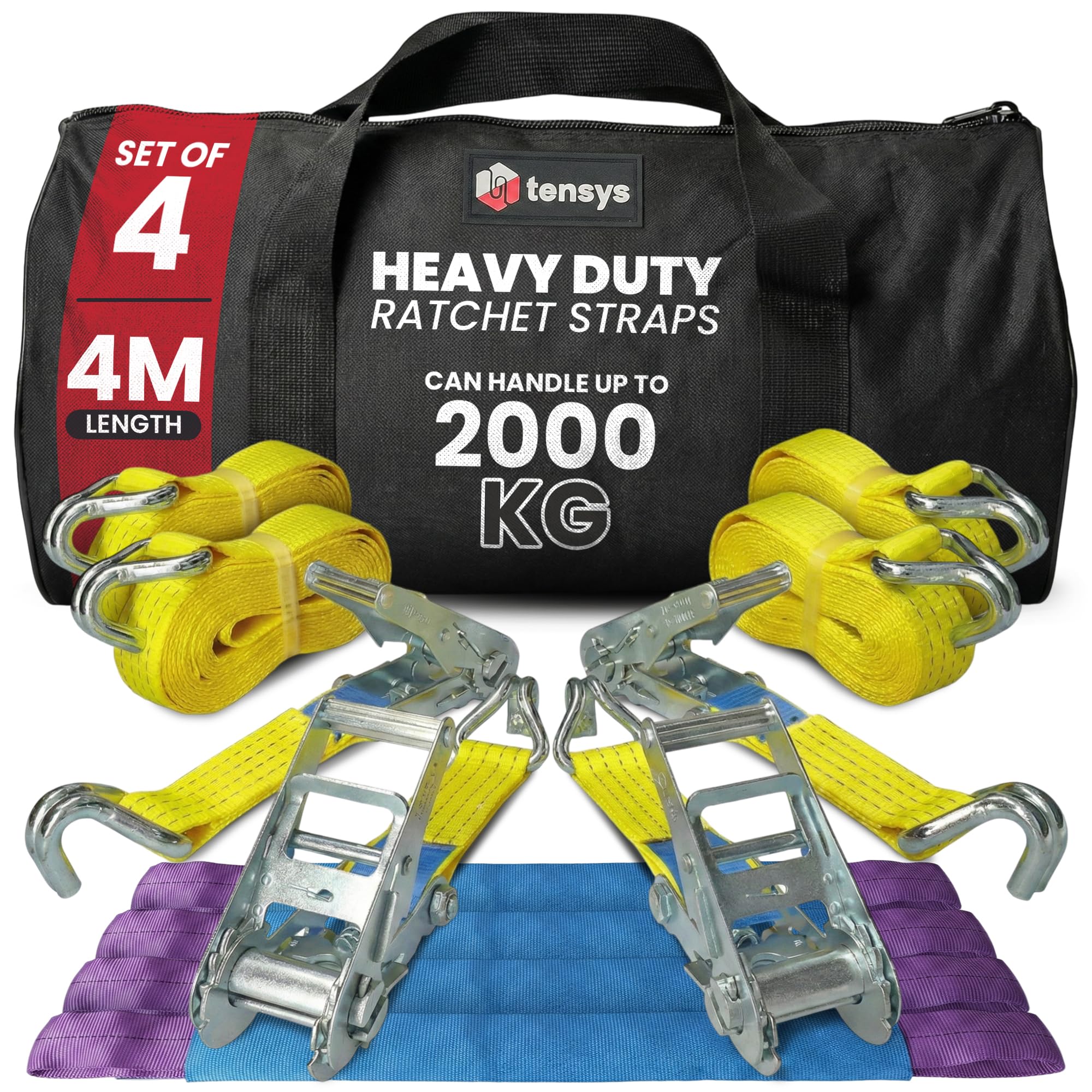 TENSYS Heavy Duty Ratchet Straps Set of 4 - Professional Wheel Straps for Car Transporter, Recovery Vehicle, Trailer, Cargo, Motorcycles, 2000kg Lashing Capacity, Adjustable Polyester Webbing Strap