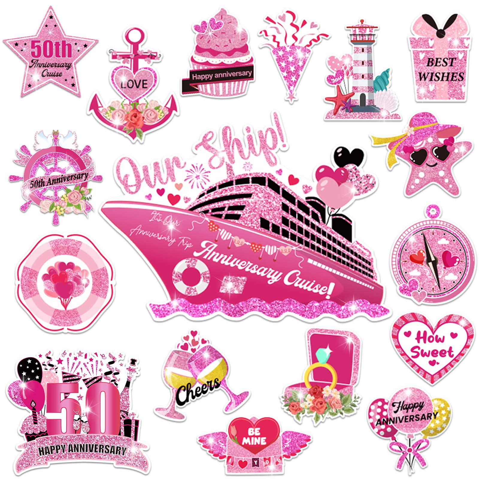 Photo 1 of 16Pcs 50th Anniversary Cruise Door Magnets Decorations, Reflective 50th Anniversary Cruise Ship Door Decor Pink Gold Magnetic Stickers Decals for Car Refrigerator Garage Door Wedding Honeymoon Party