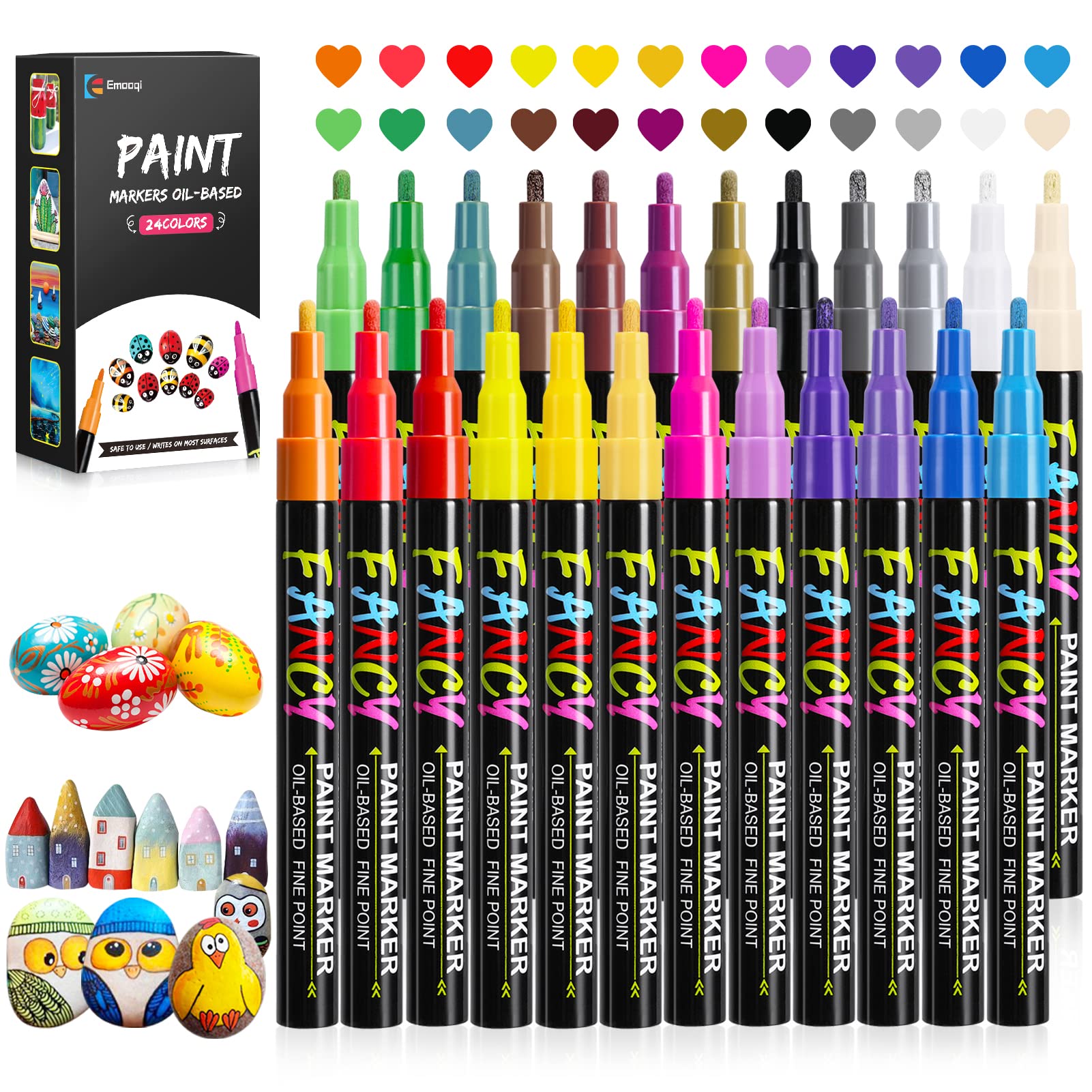 Emooqi Acrylic Paint Pens, 24 Colors Permanent Waterproof Paint Marker, Quick Dry Oil-Based Acrylic Pens for Painting, Stone, Ceramic, Glass, Canvas, Metal, Wood, Easter Egg, DIY Craft Projects