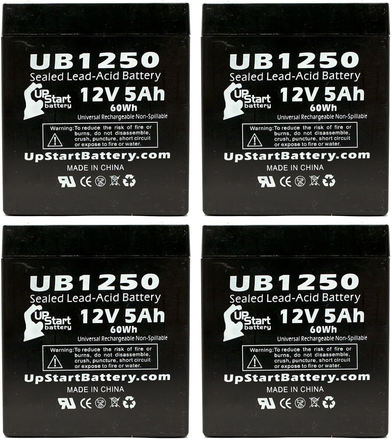 4 Pack Replacement for UB1250 Universal Sealed Lead Acid Battery Replacement (12V, 5Ah, 5000mAh, F1 Terminal, AGM, SLA) - Includes 8 F1 to F2 Terminal Adapters - Compatible with Innovonics RSM18