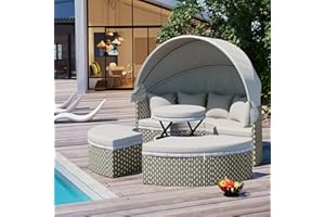 XD DESIGNS Patio Round Outdoor Sectional Sofa Set with Removable Cushion, Rattan Daybed Two-Tone Weave Sunbed with Retractable Canopy and Adjustable Table for Backyard Lawn Balcony Pool Side (Grey-tt)