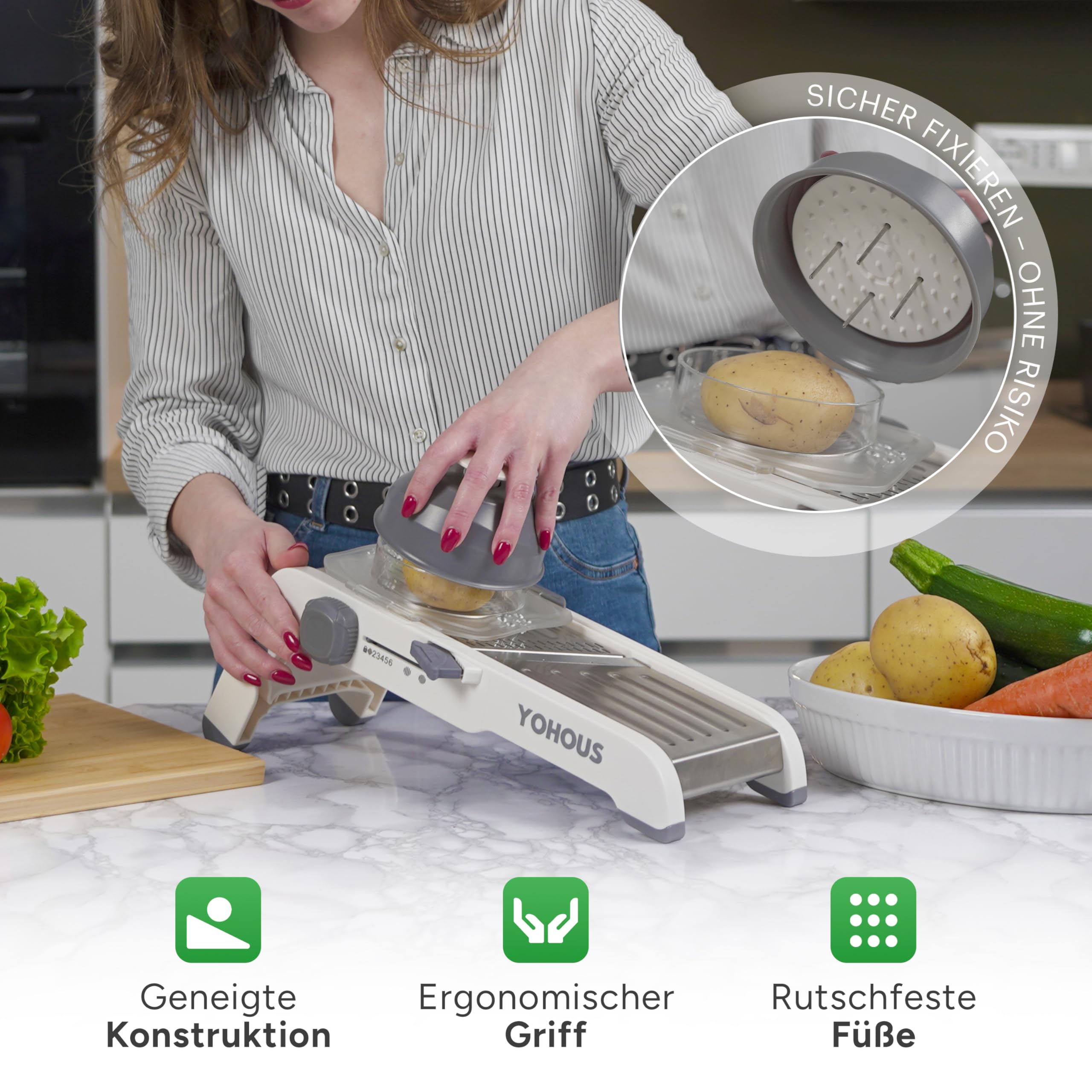 YoHous Gemüsehobel Mandoline Edelstahl – Professioneller Gemüseschneider mit einstellbarer Schnittstärke, Julienne/Würfel/Scheiben, spülmaschinengeeignet 4