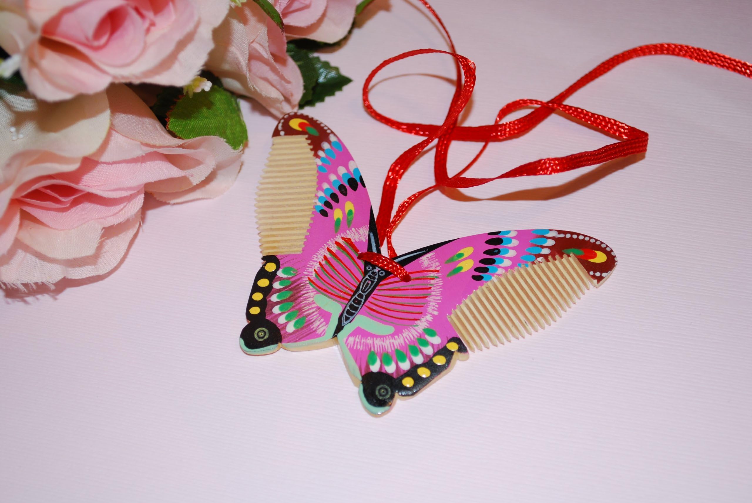 Pink Wood Butterfly Comb, Multi Color Hand Craft, Hand Painted Hair Comb, Great Gift