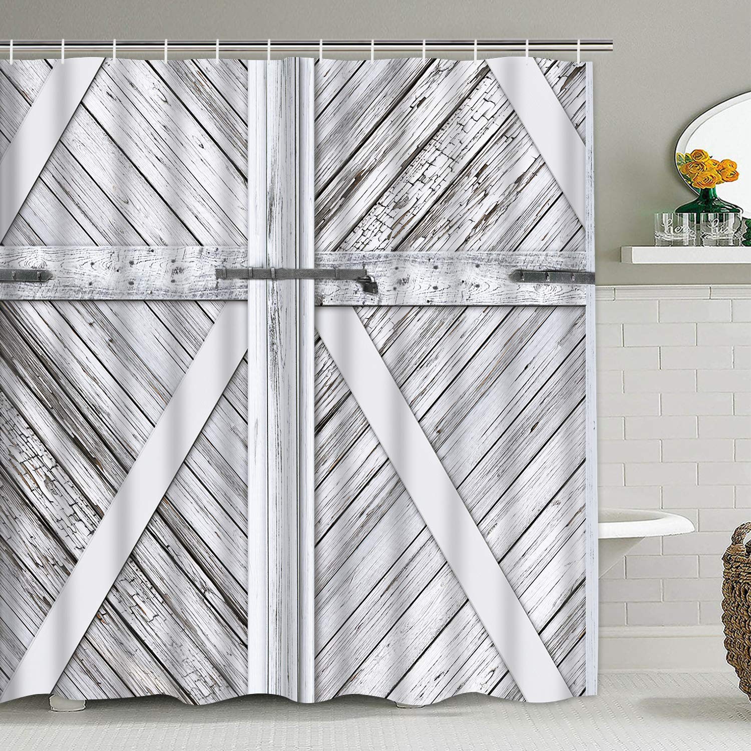 Smurfs Yingda Rustic Shower Curtains Farmhouse Wooden Shower Curtain with 12 Hooks