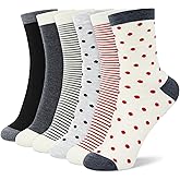 6 Pairs Cotton Crew Socks for Women, Breathable Novelty Funny Striped Dot Casual Cute Calf Socks Size 6-12