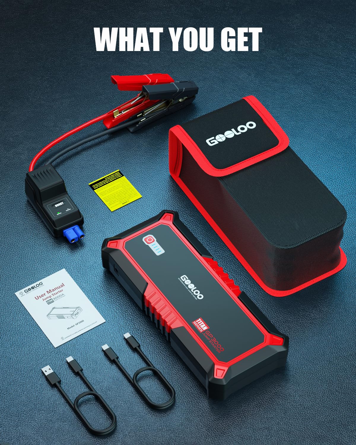 GOOLOO Upgraded GP3000 Jump Starter 3000A Peak Car Starter (Up to 9L Gas or 7L Diesel Engine) 12V Jump Box Auto Lithium Battery Booster SuperSafe Portable Power Pack with USB Quick Charge, Type-C Port