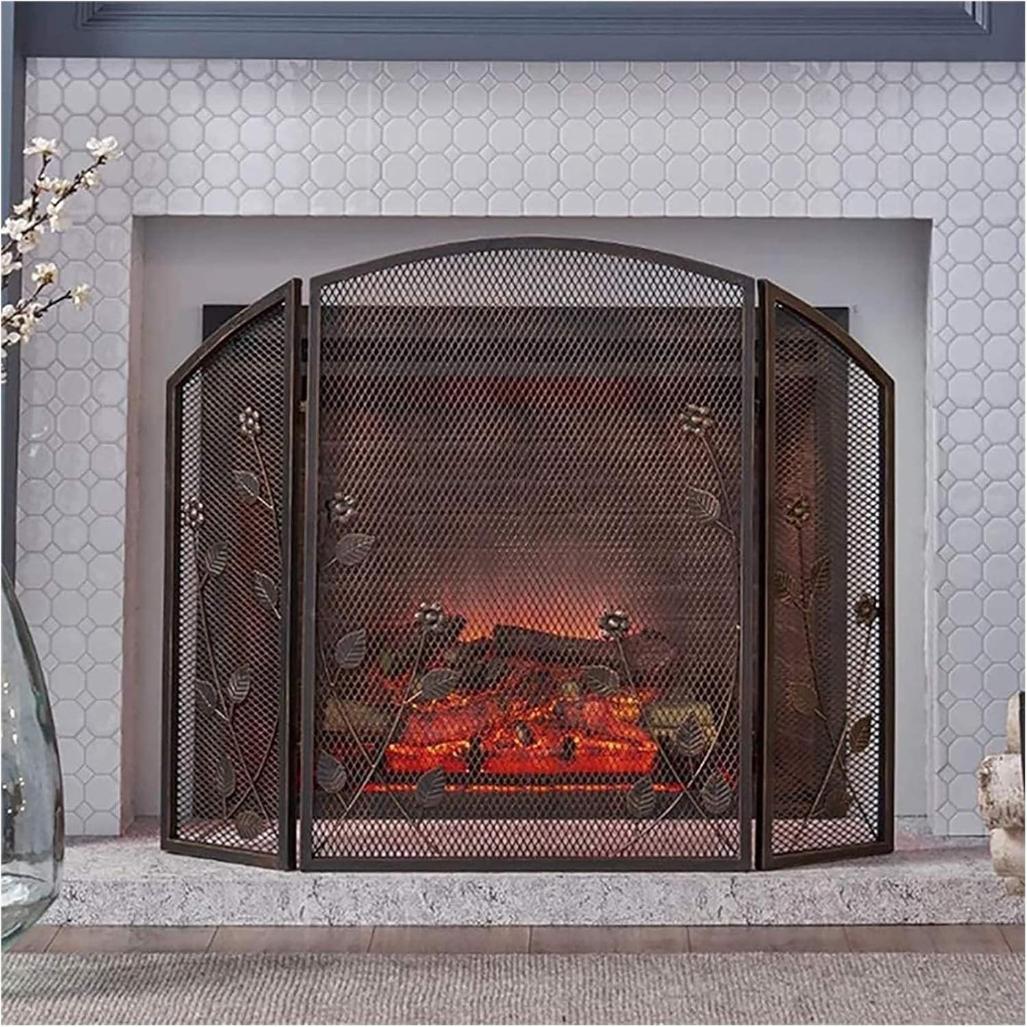Fireplace Screen Villa Decor Fire Place Fence, Retro Style Fireplace