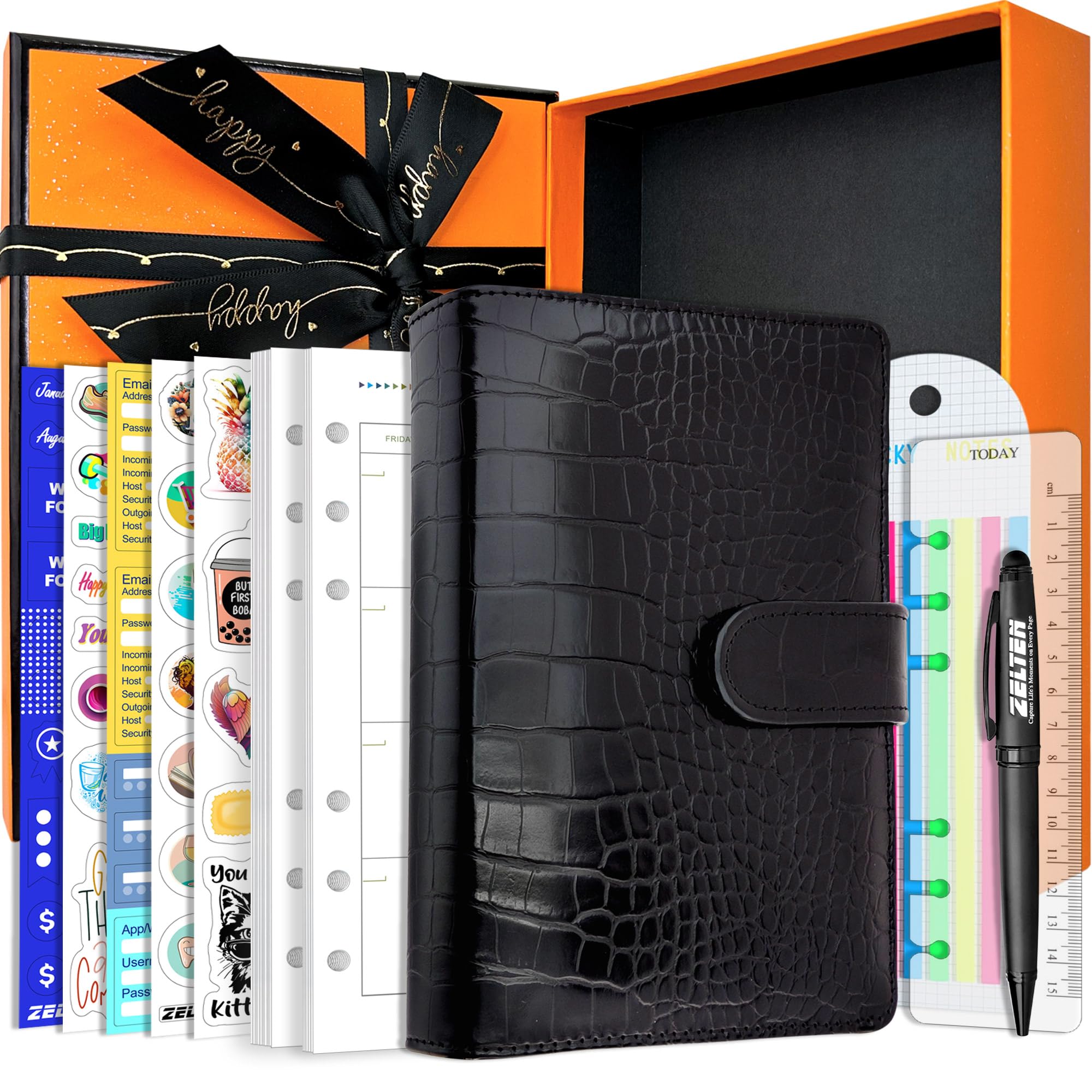 Zelten PU Leather Personal Notebook Planner with 67 Pages Loose-Leaf Papers 6 Holes Ring Binder Pen Holder Magnetic Buckle (Black Faux Crocodile Texture,A6 Gift Box)
