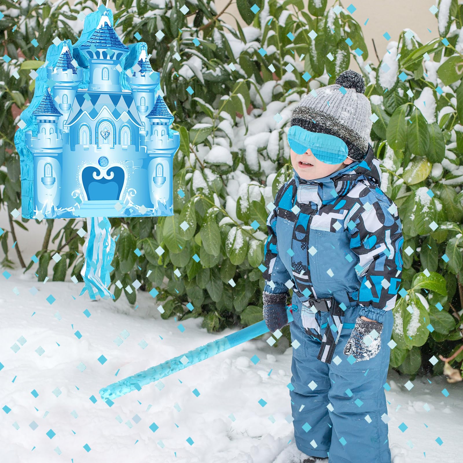 Winter Piñata Christmas Wonderland Themed Piñata with Blindfold Bat for Christmas Princess Winter Theme Birthday Party Supplies Decorations(Blue,Castle)