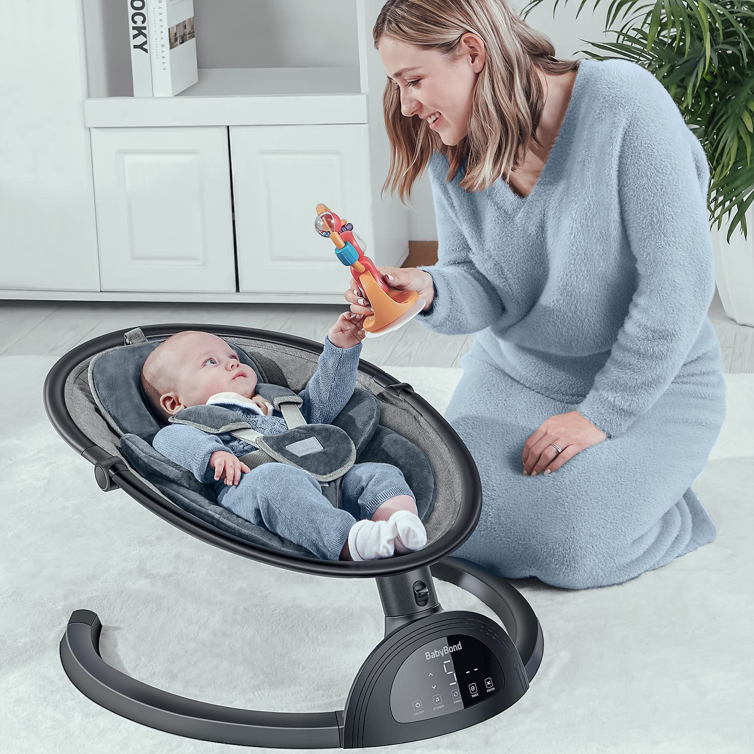 BabyBond Baby Swings for Infants, Bluetooth Infant Swing with Music Speaker, 3 Seat Positions, 5 Point Harness Belt, 5 Speeds and Remote Control - Portable Baby Swing for Indoor and Outdoor (Black)