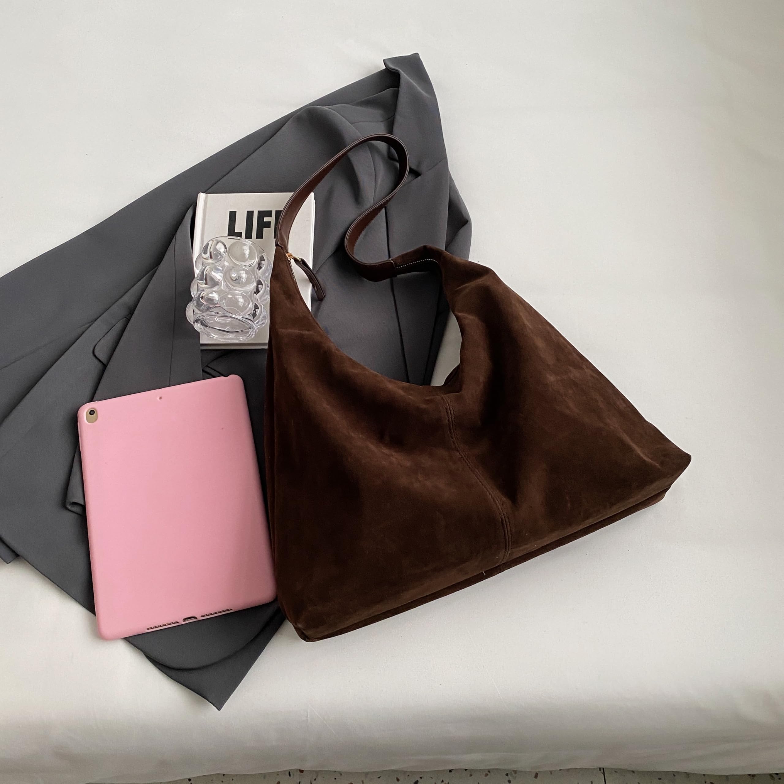 HiTotes Suede Tote and Hobo Bags for Women - Large Slouch and Crescent Shoulder Bags - Work Tote Handbag