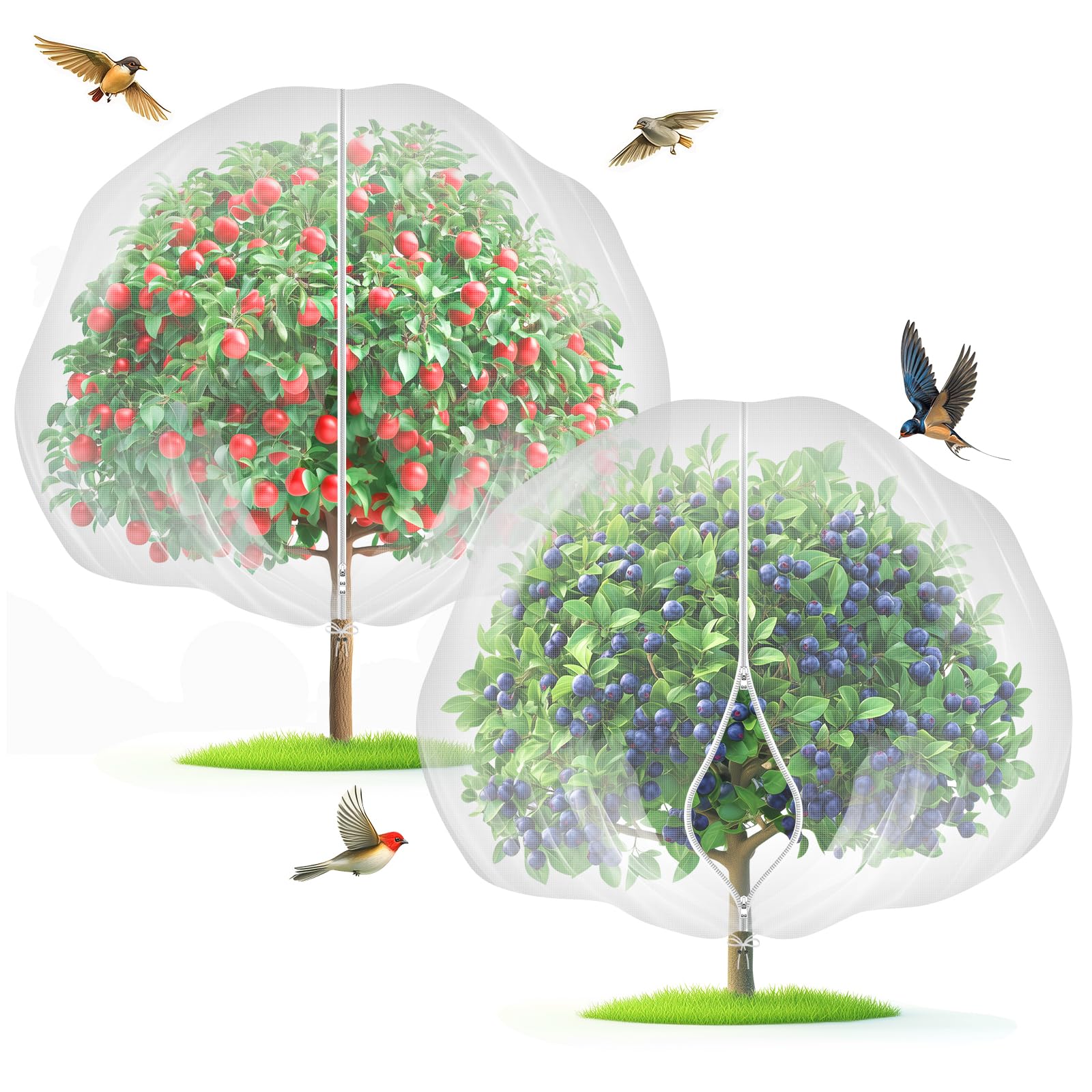 Photo 1 of Fruit Tree Netting with 2-Way Zipper & Drawstring - 4'x6' Garden Plant Net Pest Barrier to Prevent Cicadas Bird Squirrel Deer - Bug Protection for Blueberry Tomato with Fine Mesh Insect Cover (2 Pack)