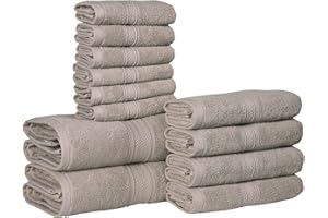 Hillfair 12-Piece Cotton Bath Towel Set - 600 GSM - Hotel Spa Towels - 2 Bath, 4 Hand, 6 Washcloths - Absorbent Soft Cotton - Khaki Stone