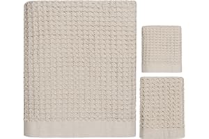 ONSEN Bath Towel Set - Waffle Weave - 3 Piece Bathroom Towel Set - 100% Supima Cotton - Ultra Soft - Quick Drying - Bath Towel (31" x 57"), Hand Towel (16" x 30") & Face Towel (12" x 12") - Oatmeal