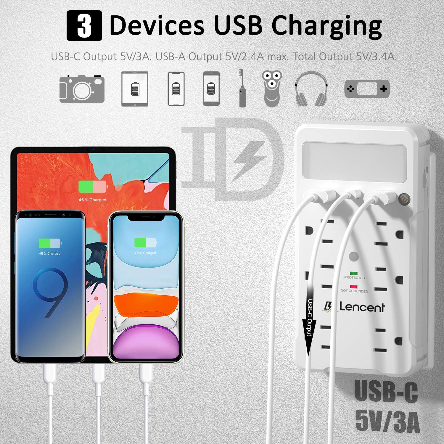 Socket Shelf, LENCENT Surge Protector Multi Plug Outlet Extender Extension with 6 Prong, USB C and Night Light, Type C Wall Charger Adapter Power Strip Multiple Socket Splitter Expander - ETL Listed - - 