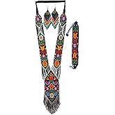 Buybeaded Native American Style beaded necklace for women Boho Statement Designer Jewelry Handmade Seed bead Long with earrings and Bracele (BLACK Multicolor)