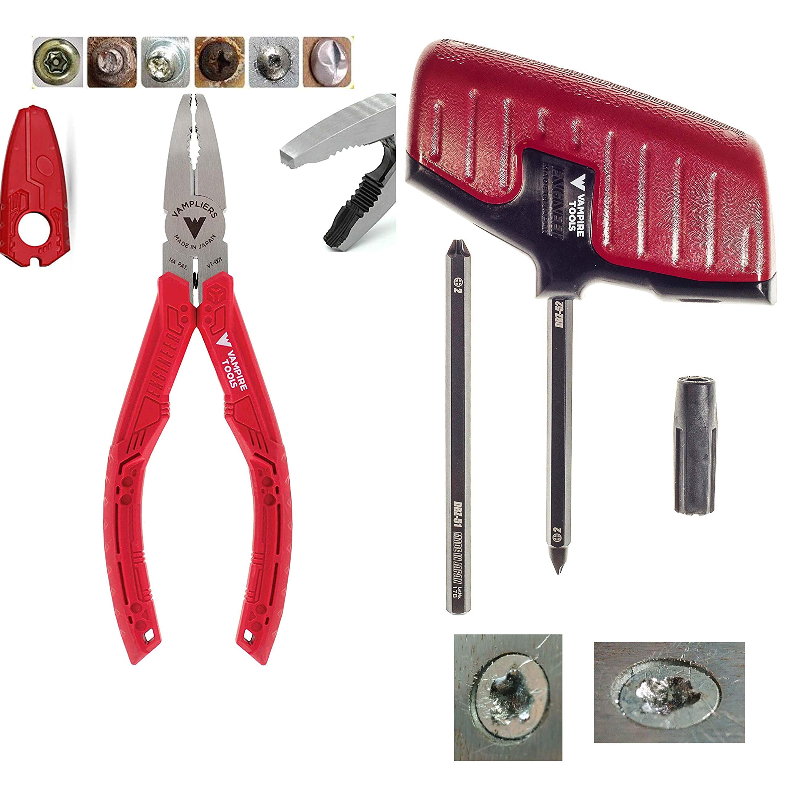 VAMPLIERS 2-Piece Stripped Screw Removal Tool Set: 6.25" Multipurpose Screw Removal Pliers + Recessed Screw Extractor. Remove any Rusted/Damaged/Broken or Sunken Screws. Made in Japan.