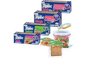 Ziploc Brand 190 Count Storage Bags Variety Pack, 42ct Storage Gallon and 48ct Storage Quart with Stay Open Design, 50ct Sandwich and 50ct Snack with Grip N Seal Technology (Packaging May Vary)