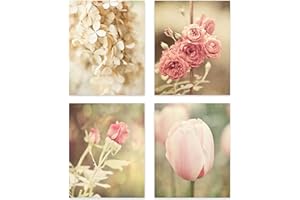 Lisa Russo Fine Art - Pink and Off White Flower Art Prints - Set of 4 - Unframed - Pink Shabby Chic, French Country Floral Pictures for Bathroom, Bedroom, or Nursery Wall Decor (11x14 Prints)