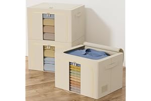 GoMaihe Large Clothes Storage Bin： 66L Heavy Duty Organizer with Metal Frame & Lid, 3-Pack Stackable Box for Sweaters, Season