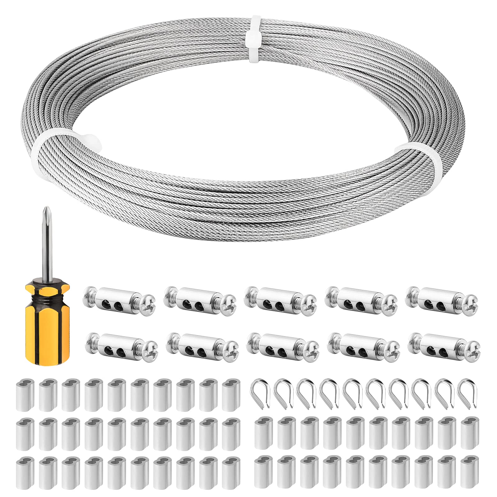 Wire Rope Kit, 50M/1.5mm Stainless Steel Wire Rope Cable, 7x7 Strands Steel Cable with Thimble & Clamps, for Garden/Fence Wire, String Hanging, Curtain Wire, DIY