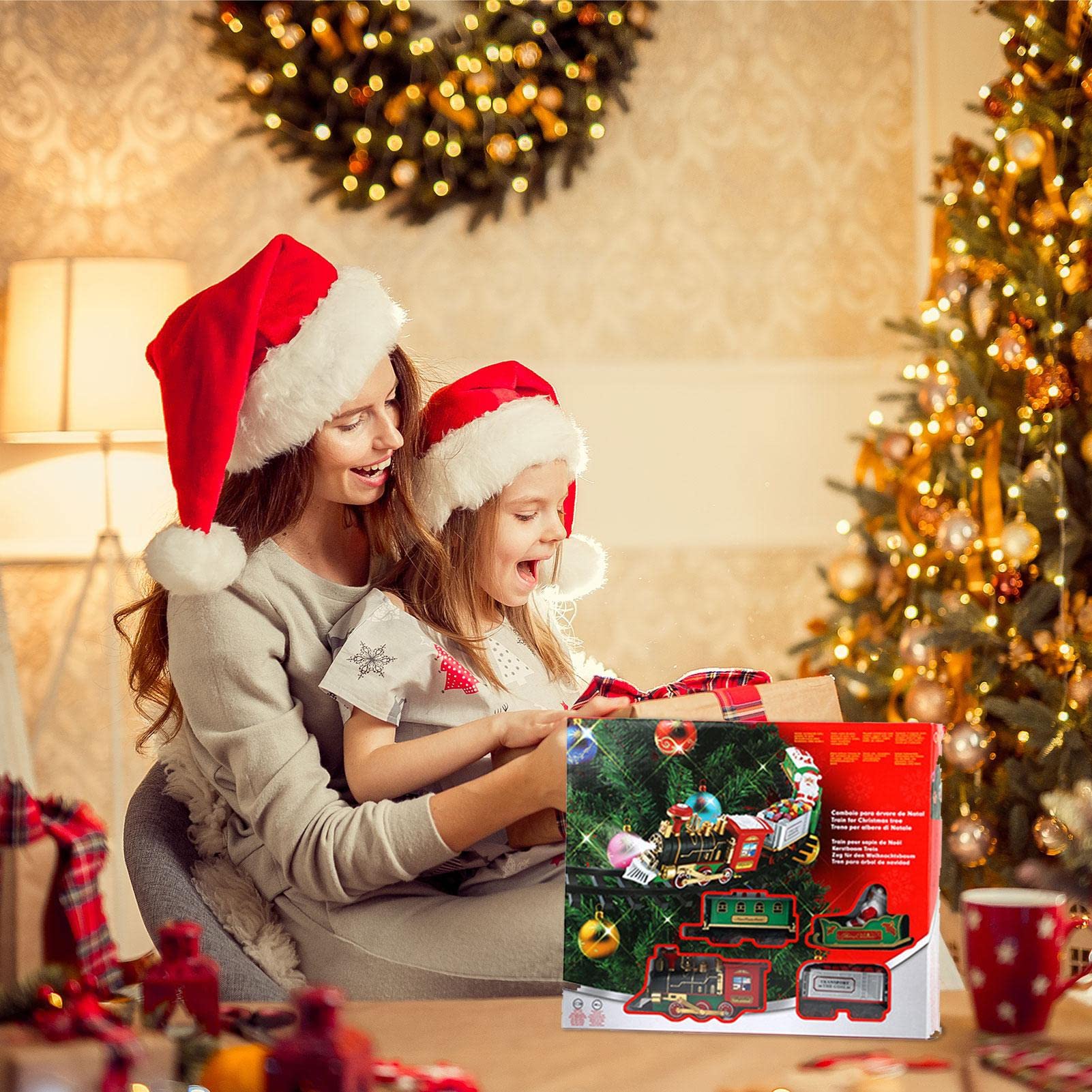 Christmas Train Steam Train Set for Around Christmas Tree Electric Toy Train with Lights for Kids Christmas Train Electric Hanging Decorative Track Set with Sound and Light Christmas Toy Set for Kids