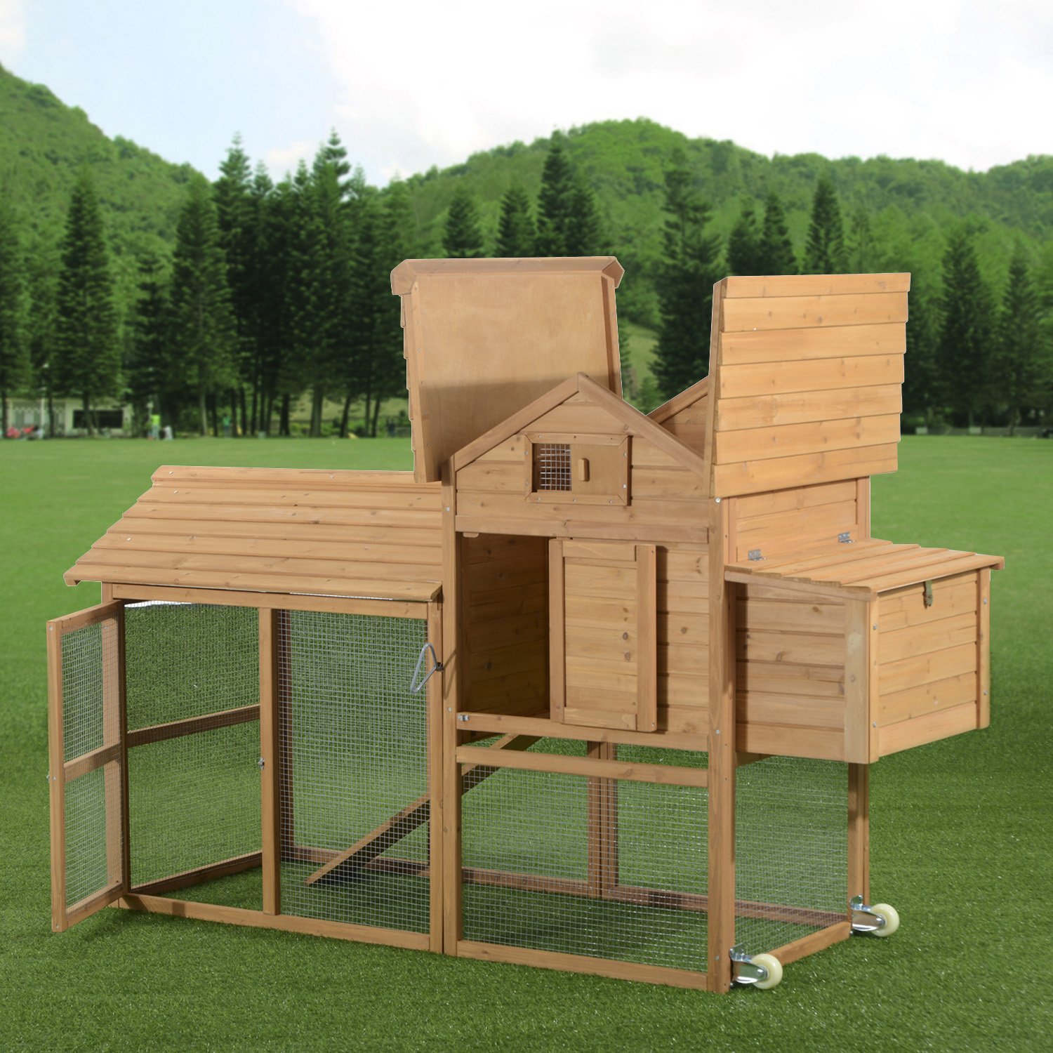 Pawhut 83 Wooden Portable Backyard Chicken Coop With Fenced Run And Wheels