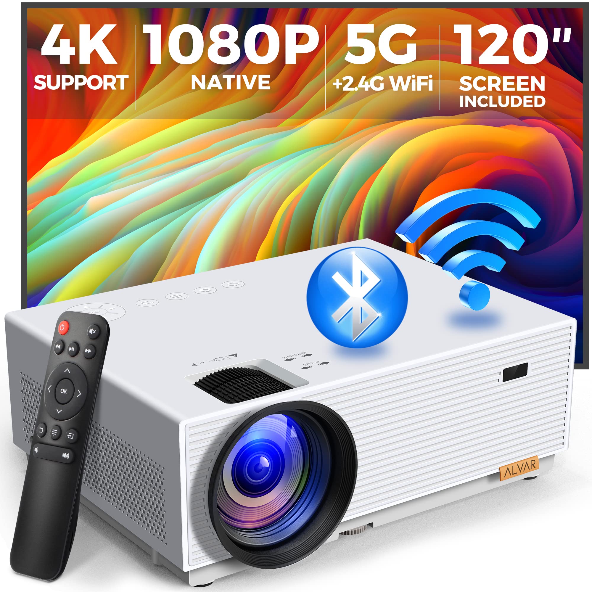 Photo 1 of Mini Projector with 5G WiFi and Bluetooth, ALVAR 15000L 450 ANSI Native 1080P Portable Projector 4K Support, Outdoor Movie Projector with 120" Screen & 400" Display Compatible w/ TV Stick/HDMI/USB/PS5