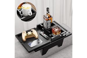 Bestjing Black Couch Arm Tray - Sofa Clip on Side Table for Wide Arm - 2 in 1 Couch Table with Be Slide-Away Detachable Cup Holder - Sofa Armchair Caddy for Cup Drinking Snacks iPad TV Remote