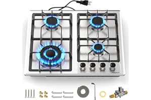 Disaenvir 4 Burner Gas Cooktop - 24 Inch Stainless Steel Propane Gas Burner for LPG/NG Dual Fuel, Two Burner Gas Cooktop with Flame-out Protection for Apartment, Kitchen, Indoor, 110-120V Plug in