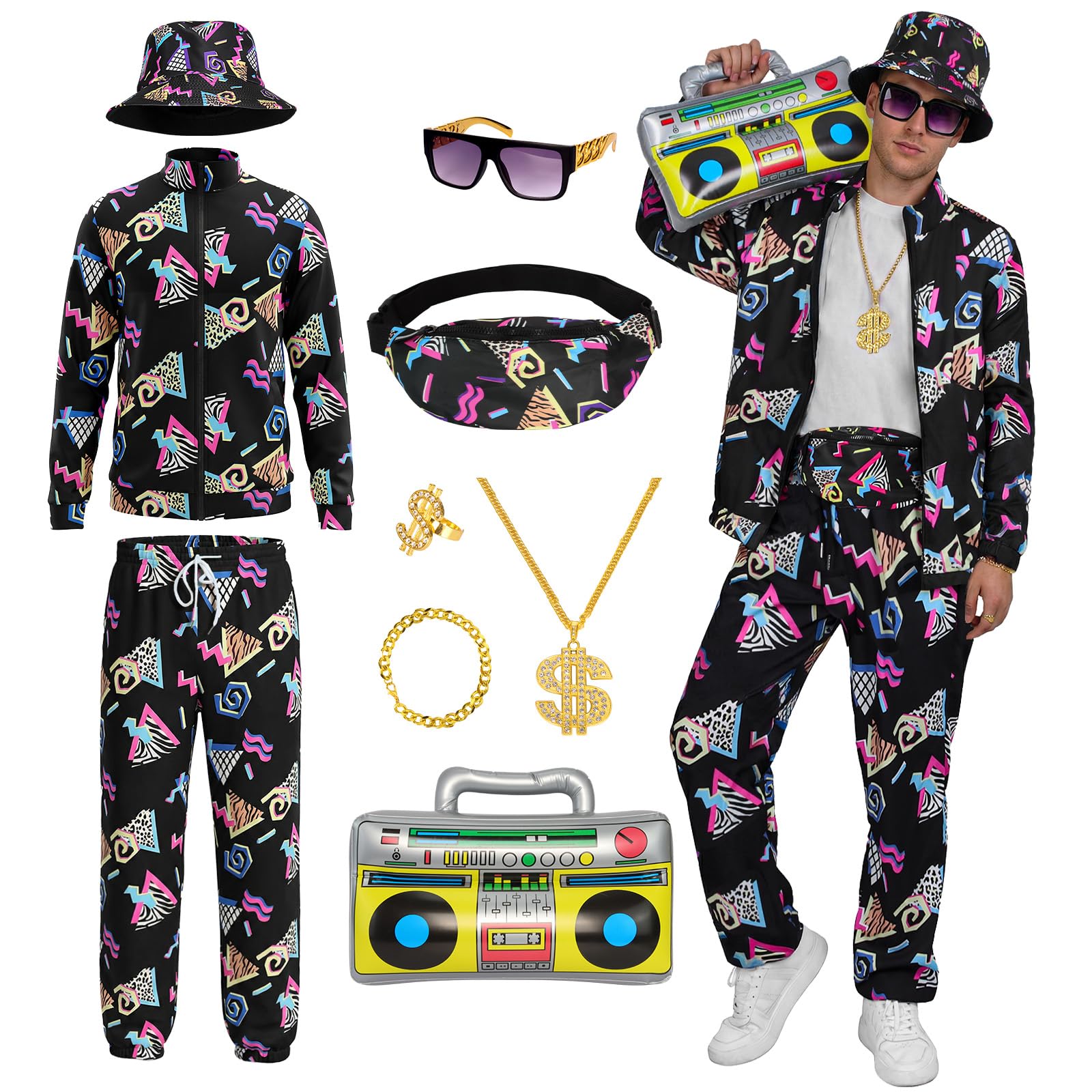 View 1 of *** ONLY PANT *** Tosjack 80s Outfit for Men Retro Track Suits - 80s 90s Theme Party Costume, Funny Halloween Hip-Hop Vintage Athletic Sportswear (Black, M)