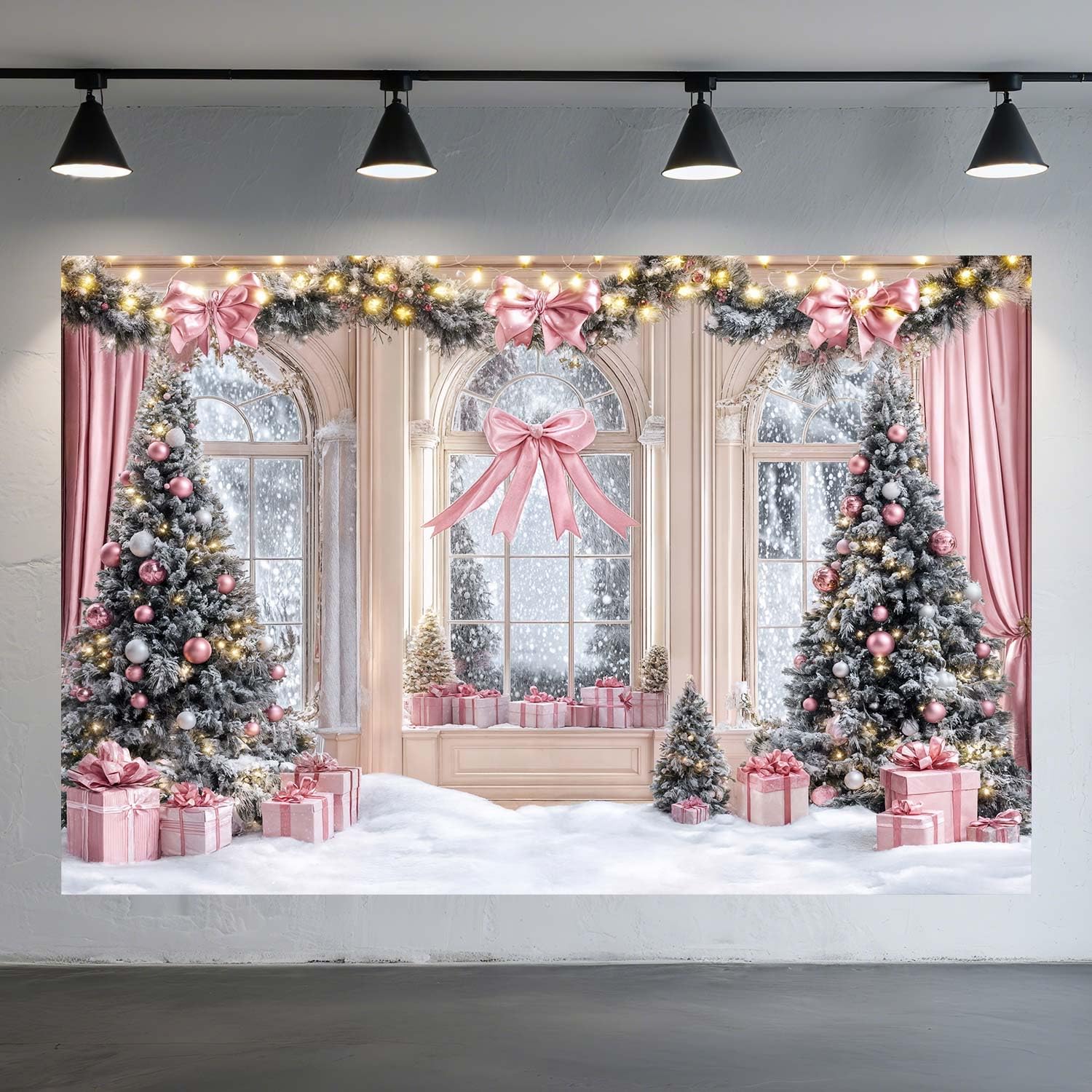Photo 1 of 10x8ft Pink Christmas Backdrop Pink Bow Winter Snow Scene Xmas Tree Fireplace Photography Background Christmas Girls Birthday Party Decorations Holiday Family Photo Studio Props Pictures