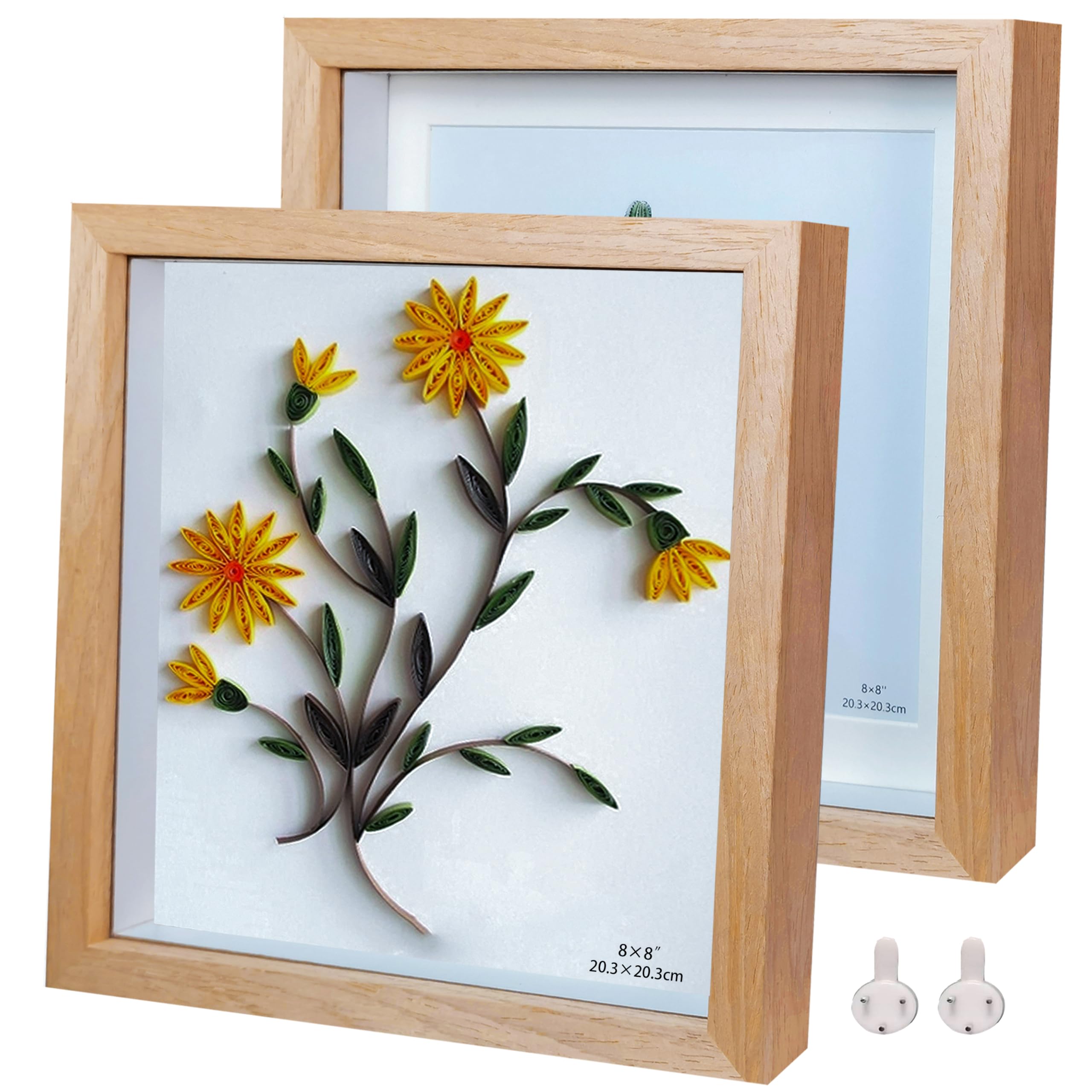 Houstimi Solid Wood Shadow Box Frame 8x8 Picture Frames 3D Deep Box 2 Pack Natural Wood Small Shadow Box Display Case Internal Depth 0.6 inches for Wall Or Tabletop